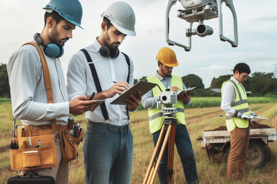 Land surveyors using a drone and traditional equipment in an open field, highlighting the integration of technology in land surveying.