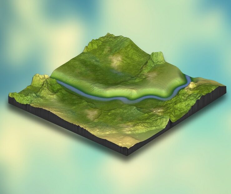 A 3D model of a green, hilly terrain with a winding river flowing through it.