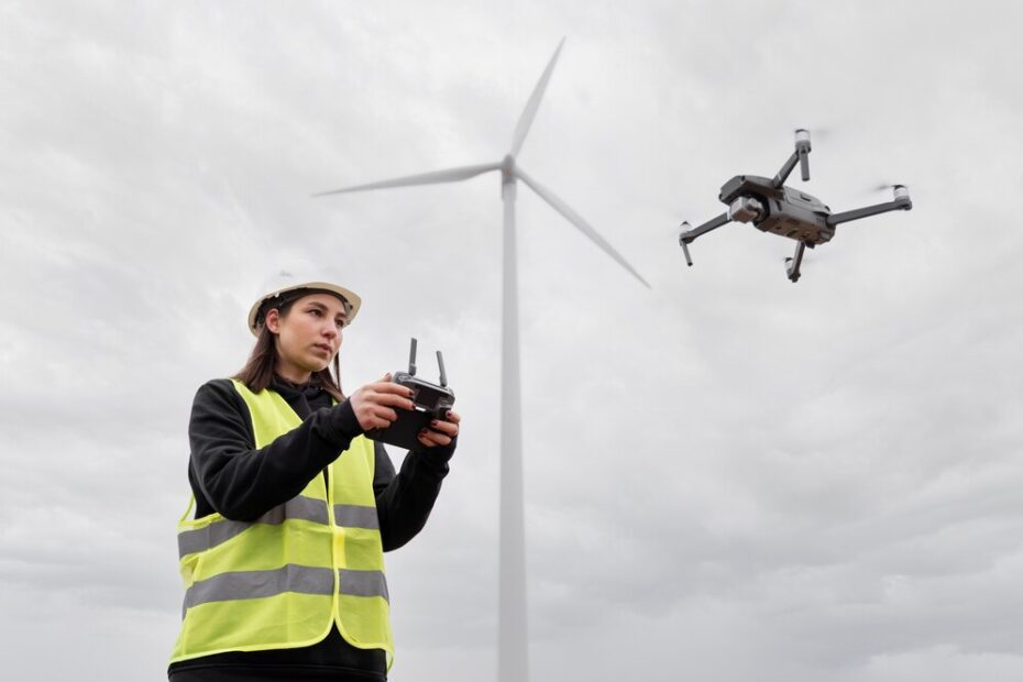 A person in a safety vest operating a drone near a wind turbine under a cloudy sky.
