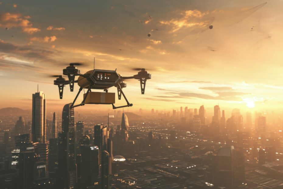 An image showcasing drones flying over a city during sunset, symbolizing the evolution of aerial warfare with emerging drone technology.