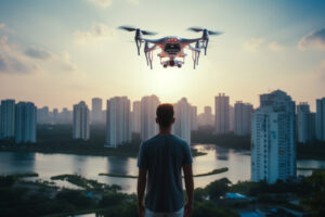 Person operating a drone at sunset over a city.